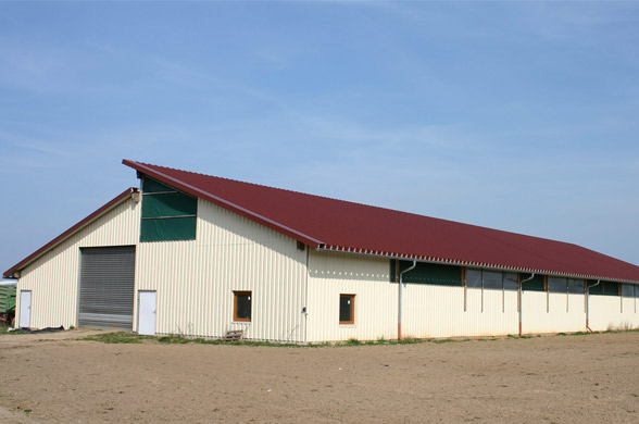 Hallenbau einer großen modernen Halle mit praktischem Pultdach im Landwirtschaftsbetrieb.